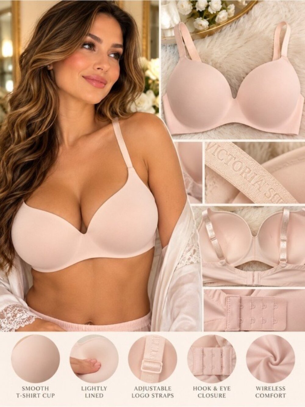 Victoria’s Secret Blush Pink T-Shirt Lightly Lined Wireless Bra 40DD Smooth